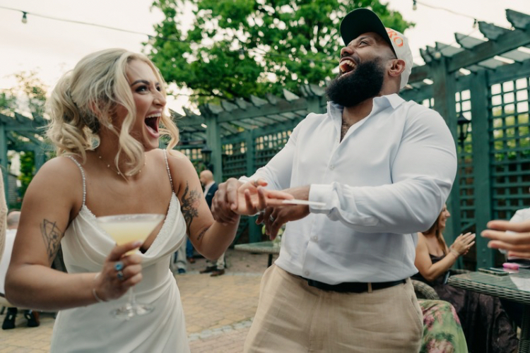 Bride and Groom enjoying close up magic tricks at Hotel du Vin in Cheltenham