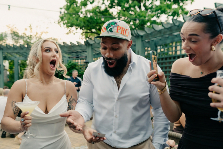 Bride and Groom enjoying close up magic tricks at Hotel du Vin Cheltenham